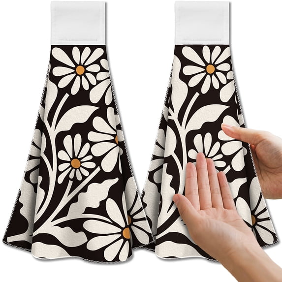 Abstract Floral Hanging Kitchen Towels with Loop Set of 2 - Soft & Super Absorbent Microfiber Decorative Hanging Dish & Hand Towel