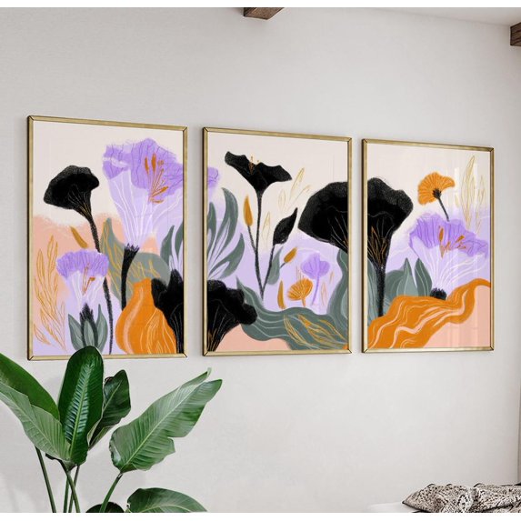 Abstract Floral Illustration Modern Botanical Colour Triptych Set 3 ...