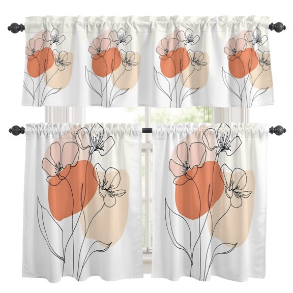 Abstract Floral Kitchen Curtains Valance and Tier Set Tiny Flower Rod Pocket Short Curtains for Small Window 3 Pieces Set for Bedroom Bathroom Cafe (54" x 18"+27" x 24")