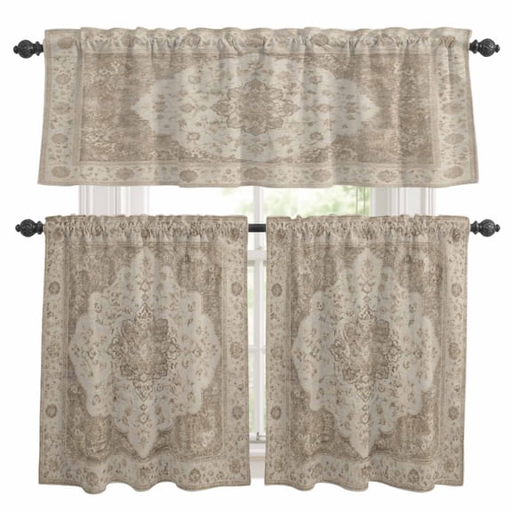 Abstract Floral Kitchen Curtains and Valances Set, Vintage Traditional Beige Brown Vine Textured 3 Piece Curtains Valances and Tiers Set Rod Pocket for Kitchen Bathroom Windows 24 Inch