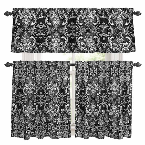 Abstract Floral Kitchen Curtains Valances and Tiers Set of 3 Damask Retro Gradient Black White Texture Tier Curtains and Valance with Rod Pocket for Small Windows, 27.5"x36"