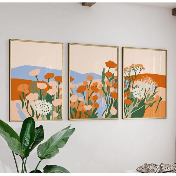 Abstract Floral Landscape Wall Art Orange Green Botanical Triptych Set 3 Stretched Canvas 16x24