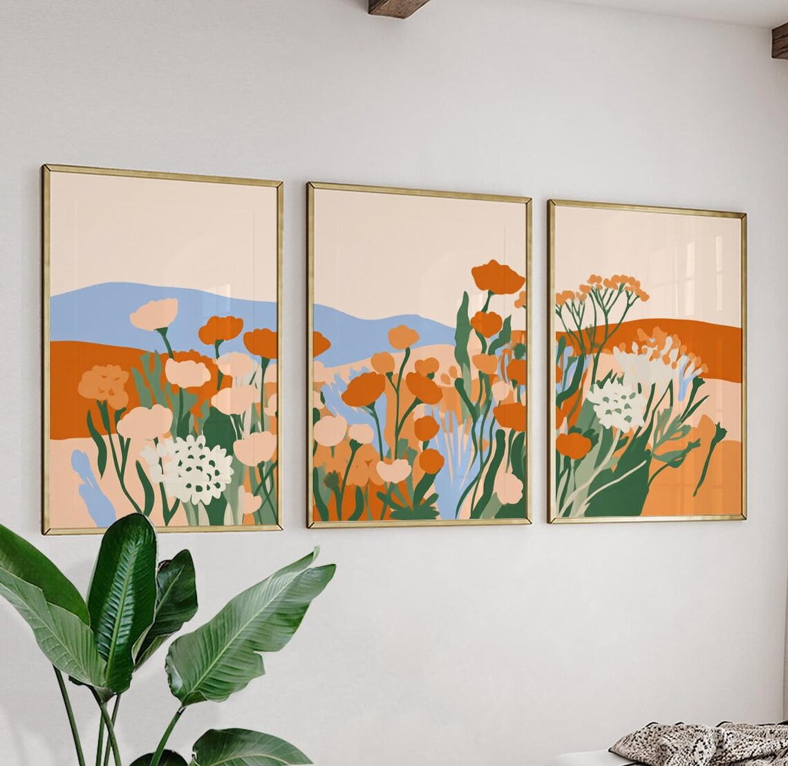 Abstract Floral Landscape Wall Art Orange Green Botanical Triptych Set ...