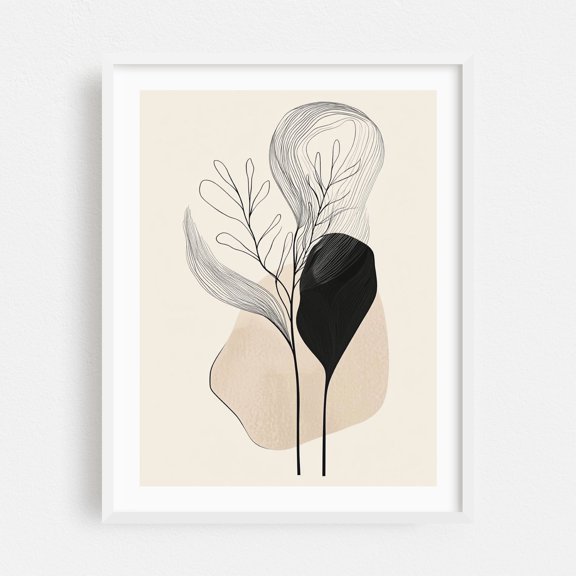 Abstract Floral Line Art - Line Drawing Line Art Minimalist Abstract Botanical Modern Art Black and White Floral White Framed Wall Art Print 5 x 7 inches