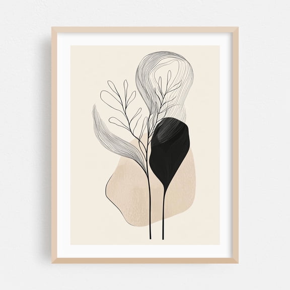 Abstract Floral Line Art - Line Drawing Oak Framed Wall Art Print 30 x 40 inches