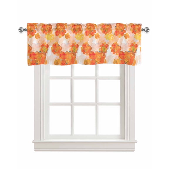Abstract Floral Linen Curtain Valance for Bedroom/Bathroom/Kitchen/Office/Living/Dining Room Window,Botanical Orange Ink Watercolor Plant Rod Pocket Topper Decorative Cafe Drapes Panel 42"x12"