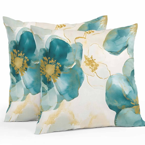 Abstract Floral Outdoor Pillow Covers Pack of 2 White Green Flower Gold Line Retro Petals Waterproof Throw Pillow Covers Decorative Cushion Cases for Patio Garden Tent Balcony Couch 20x20 inch