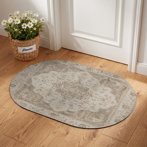 Abstract Floral Oval Diatomaceous Earth Doormat, 16"x24" Vintage Traditional Beige Brown Vine Textured Absorbent Quick Dry Irregular Door Mat Floor Mat Entryway Rug for Bathroom Kitchen