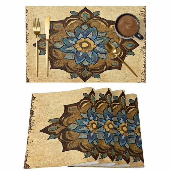 Abstract Floral Placemats Set of 6, Vintage Retro Yellow Brown Flower Abstract Non-Slip Place Mats Washable Table Mats for Kitchen Dining Table Decorations Indoor/Outdoor