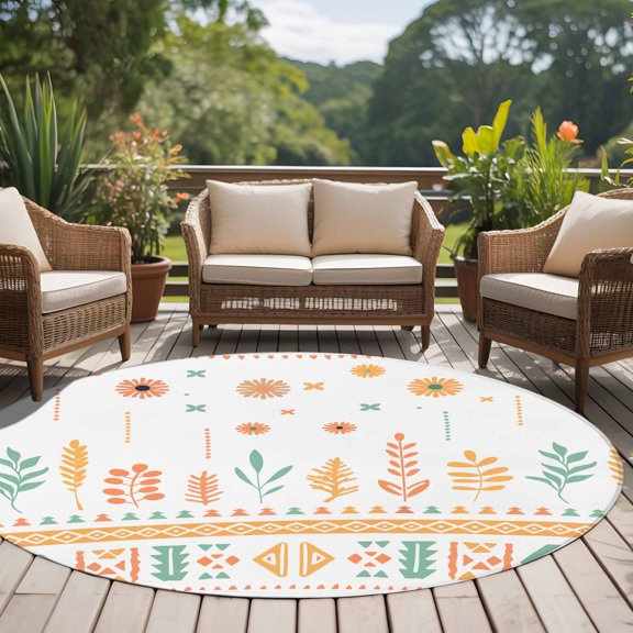 Abstract Floral Plant 8ft Round Rug for Open Concept Living Room Seating Zone, Geometric Ethnic Aztec White Washable Non Slip Large Circle Area Rug