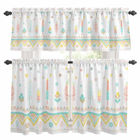 Abstract Floral Plant Kitchen Curtains Valances and Tiers Set of 3 Ethnic Tribal Decor Aztec White Tier Curtains and Valance with Rod Pocket for Small Windows, 27.5"x36"