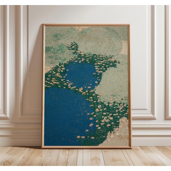 Abstract Floral Poster Blue Green Modern Wall Art Circular Botanical Illustration Print Mi
