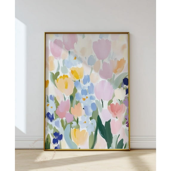 Abstract Floral Print, Bright Pastel Flower Poster Home Decor #2426, Unframed Canvas Size 12x18