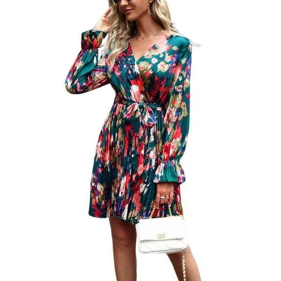 Abstract Floral Print Pleated Dress for Women Above Knee Length Olive Green Small
