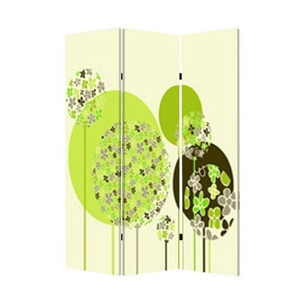 Green and White Floral Print 3-Panel Folding Screen