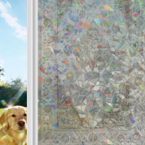 Abstract Floral Rainbow Window Privacy Film, Vintage Traditional Beige Brown Vine Textured Stained Glass Window Film, Sun Blocking Static Cling Non Adhesive Door Stickers 17.7 x 39.3 Inches