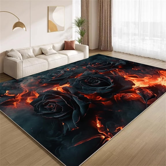 Abstract Floral Rose Area Rugs, Black Red Flower Carpet, Washable Non Slip Low Pile Soft Rug for Bedroom Living Room Decor Mat 2ftx3ft