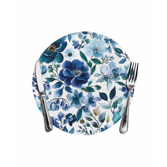 Abstract Floral Round Placemats for Dinning Tables,Heat-proof Braided Table Mats 13 Inch,Blue Flowers Retro Country Watercolor Washable Place Mat for Kitchen Restaurant Party Decor Table Setting
