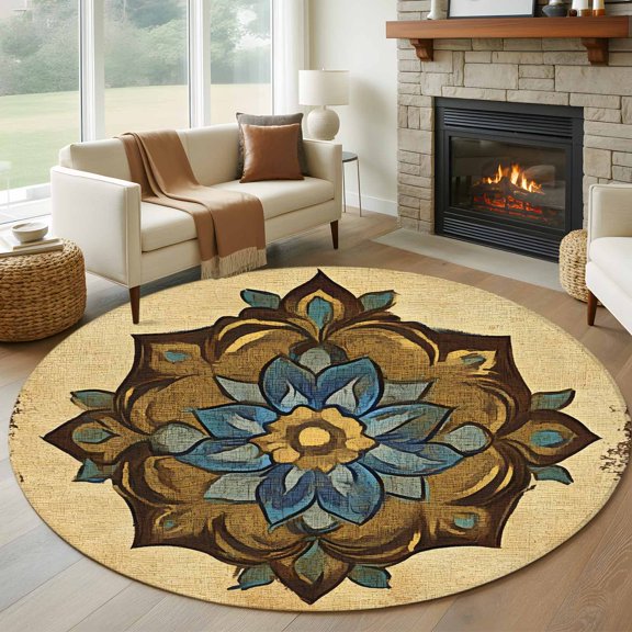 Abstract Floral Round Rug 5ft Washable Circle Kitchen Rugs Non Slip Yellow Brown Flowers Pattern Large Area Rug Indoor Floor Carpet for Bedroom Living Room Home Office Dining Room Nursery