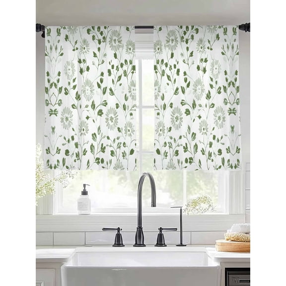 Abstract Floral Sheer Curtains 45 Inches Long 2 Panels Sage Green Leaf Floral Vintage Watercolor Light Filtering Semi Sheer Window Curtains Drapes for Bedroom Living Room 52"x45"