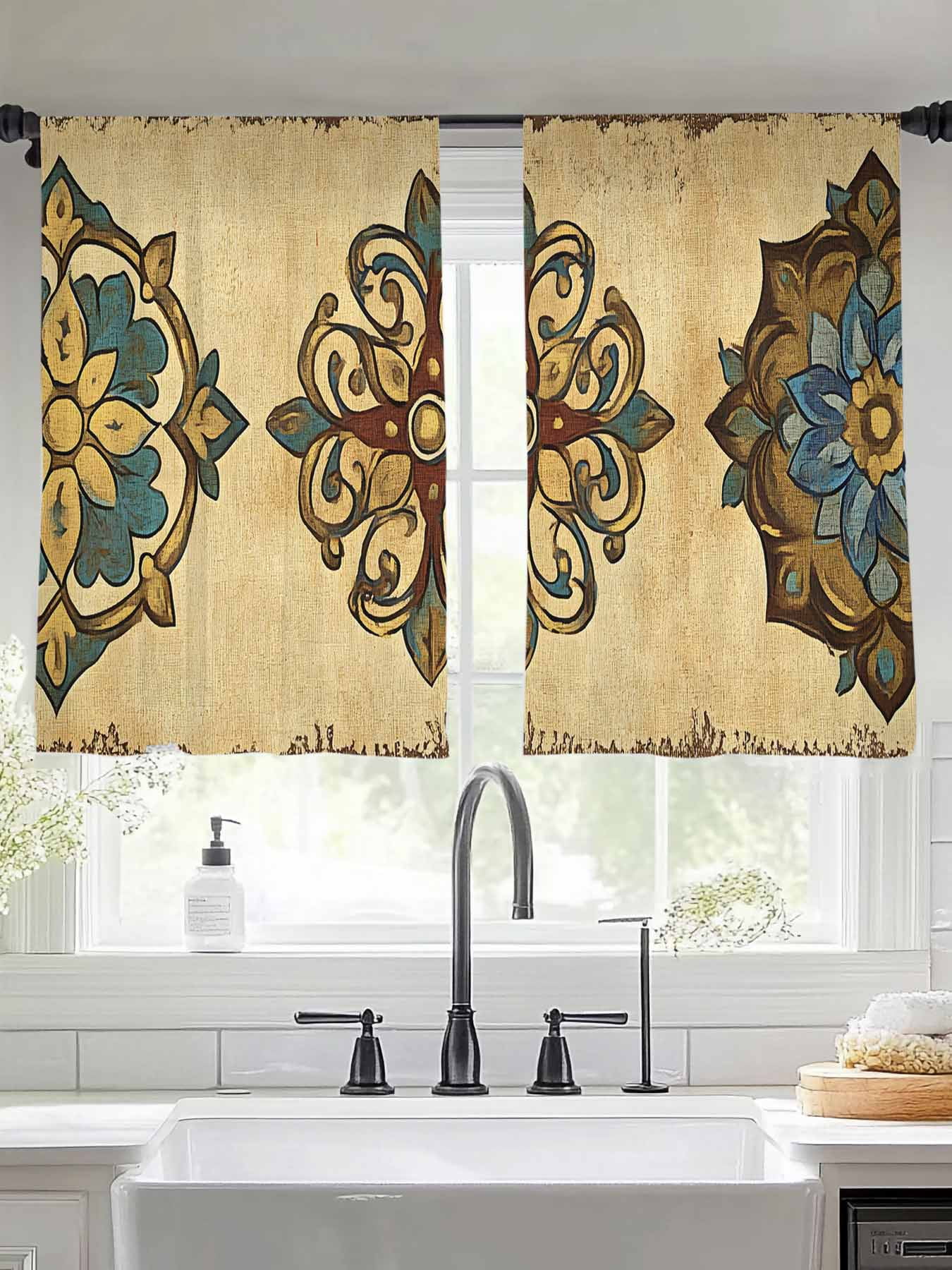 Abstract Floral Sheer Curtains for Living Room Bedroom Yellow Brown