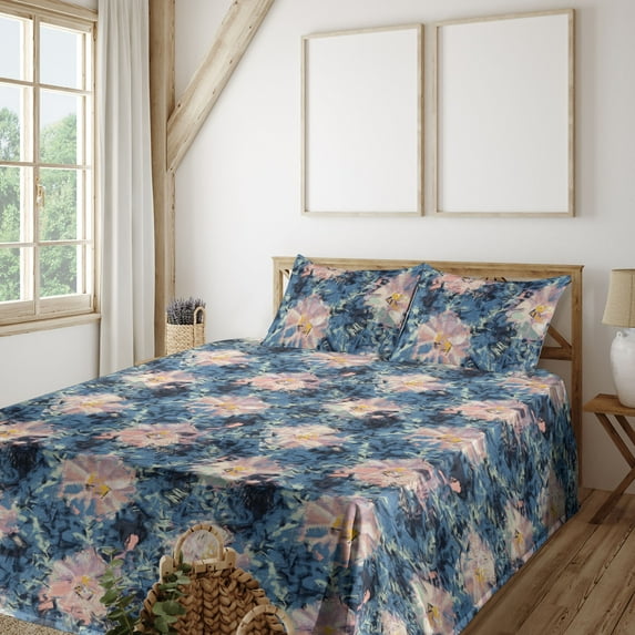 Ambesonne Abstract Floral Fitted & Flat Sheet with Sham 3 Pcs Set, Spring Art Flowers, Twin, Slate Blue and Blush