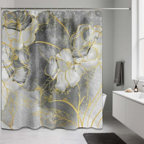 Abstract Floral Shower Curtain Grey and Gold Modern Shower Curtains for Bathroom Decor Gray Flower Bath Curtain Set, Waterproof Fabric with Hooks 60 x 72 Inch