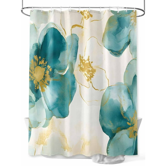 Abstract Floral Shower Curtain, White Green Flower Gold Line Retro Petals Waterproof Shower Curtain Set with 12 Hooks Lightweight Washable Fabric Shower Curtains for Bathroom 72x78 Inches