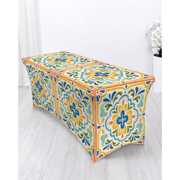 Abstract Floral Spandex Tablecloth 4ft Bohemian Country Tribal Blue Yellow Flower Leaf Elastic Fitted Cloth for Rectangle Table Washable Wrinkle Proof Stretch Table Cover for Wedding Party Banquet