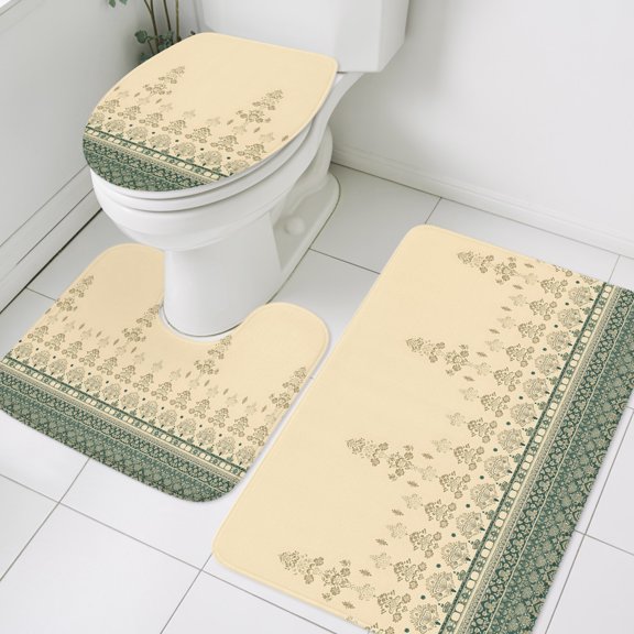 Abstract Floral Stem Bathroom Rugs Set Vintage Traditional Beige Green Symmetrical Non Slip Absorbent Soft Bath Mats 3 Piece Set with Bathroom Rug, U-Shaped Floor Mat, Toilet Seat Cover Large Size