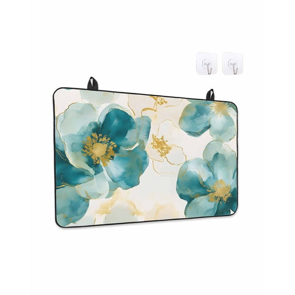 Abstract Floral Stove Top Covers for Electric Stove, 28'x20'' White Green Flower Gold Line Retro Petals Glass Ceramic Stove Cover Foldable Rubber Mat Heat Resistant Cooktop Protector for Kitchen