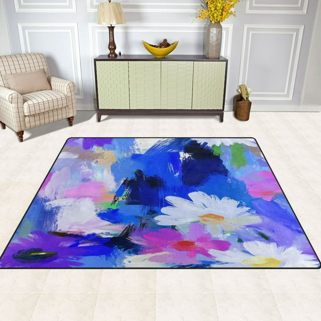 Abstract Floral Strokes 80''x58'' Extra Large Plush Memory Foam Rug, Soft, Absorbent, Non Slip