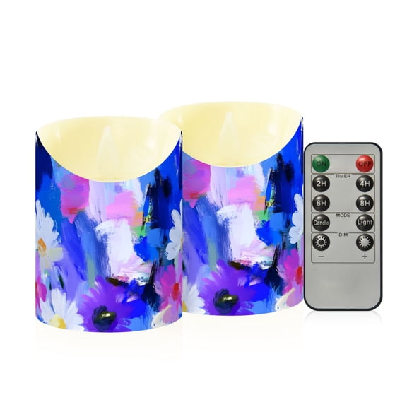 Abstract Floral Strokes Flameless Candles 2 PCS with Remote Realistic Moving Flame LED Tapered Pillar Set for Home Decor