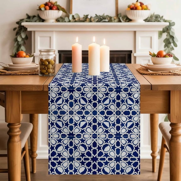 Abstract Floral Table Runner, Retro Dark Blue Geometric Texture Art Vintage Cotton Linen Kitchen Table Decoration Washable Dining Tabletop Runners for Home Party Decor 18x72 Inches