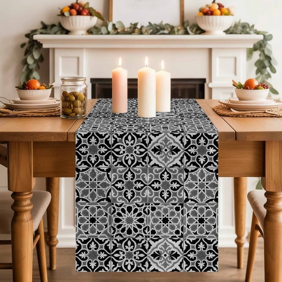 Abstract Floral Table Runner, Retro Gray Black Geometric Texture Ornate Vintage Cotton Linen Kitchen Table Decoration Washable Dining Tabletop Runners for Home Party Decor 13x36 Inches