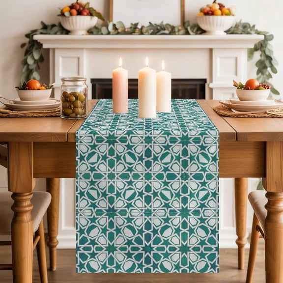 Abstract Floral Table Runner, Retro Teal Green Geometric Texture Ornate Vintage Cotton Linen Kitchen Table Decoration Washable Dining Tabletop Runners for Home Party Decor 14x72 Inches