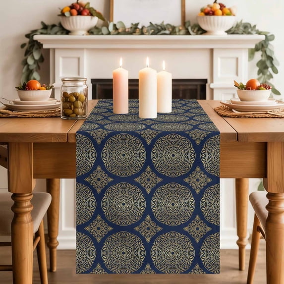 Abstract Floral Table Runner, Vintage Navy Blue Moroccan Circle Geometric Art Cotton Linen Kitchen Table Decoration Washable Dining Tabletop Runners for Home Party Decor 13x72 Inches