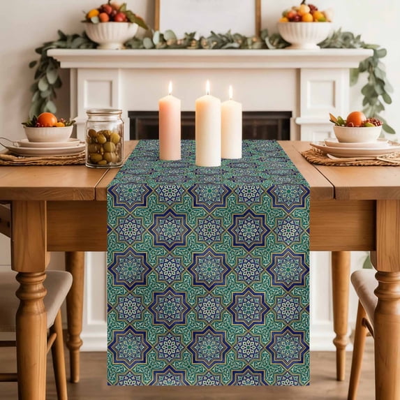 Abstract Floral Table Runner, Vintage Turquoise Moroccan Geometric Art Retro Cotton Linen Kitchen Table Decoration Washable Dining Tabletop Runners for Home Party Decor 13x108 Inches