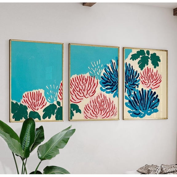 Abstract Floral Teal Blue Red Botanical Art Modern Wall Decor Triptych Set 3 Stretched Canvas 12x18