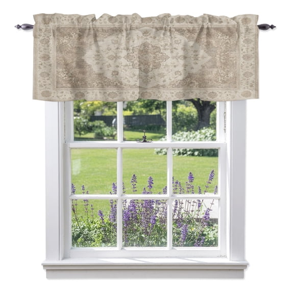 Abstract Floral Valance Curtain 1 Panel, Vintage Traditional Beige Brown Vine Textured Kitchen Valance with Rod Pocket Window Treatment Short Curtains for Bathroom Bedroom, 42 x 12 Inches