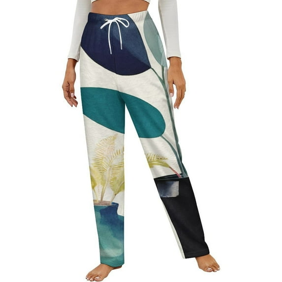 Abstract Floral Vase Art Winter Female Pants Flannel High Waist Women Pants Lady Warm Straight Leg Plush Trousers