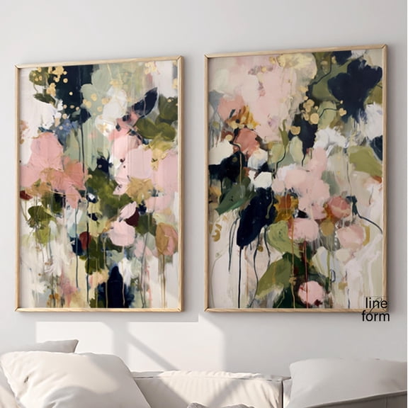 Abstract Floral Wall Art Blush Pink & Green Prints Home Decor Office Wall Art Set 2