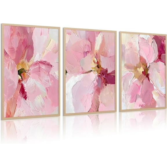 Abstract Floral Wall Art Pink Flower Canvas Pictures Modern Wall Decor Blush Pastel Pink Prints Peony Painting Minimalist Poster Botanical Artwork for Bedroom Living Room set of 3