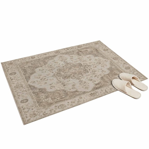 Abstract Floral Washable Area Rug 2 x 3 ft Vintage Traditional Beige Brown Vine Textured Soft Non‑Slip Rugs Stain Repellent Indoor Mats for Front Door, Narrow Hallway, Kitchen Doorway, Bedside