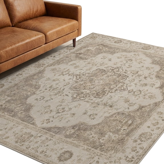 Abstract Floral Washable Area Rug 9 x 12 ft Vintage Traditional Beige Brown Vine Textured Soft Non‑Slip Rugs Stain Repellent Indoor Mats for Expansive Great‑Room, Living‑Dining Open Space