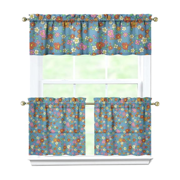 Abstract Floral Watercolor Kitchen Curtains - 3 PC Set with Valance for Small Windows