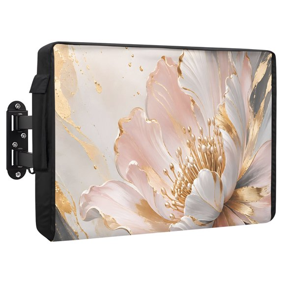 Abstract Floral Waterproof Outdoor TV Cover, Modern Gold Peony Flowers Leaf Grey Waves Dots Outside Weatherproof TV Enclosures for 40 to 43 Inch LCD Television Shield Flat Screen Protectors