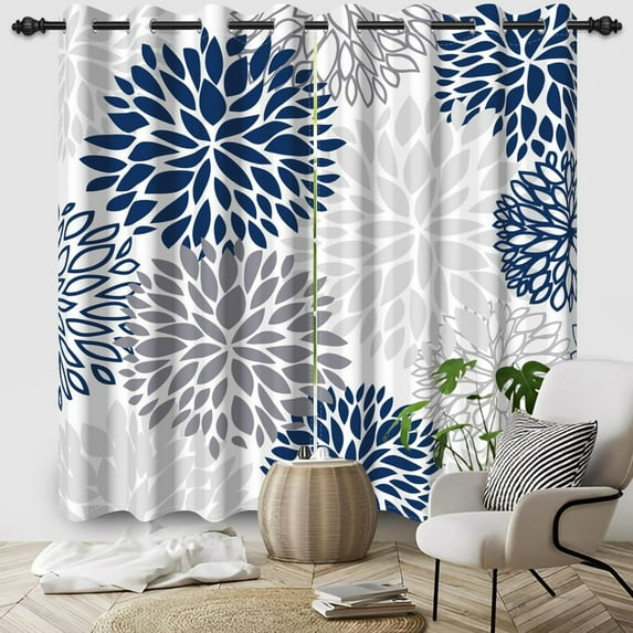 Abstract Floral Window Curtains Navy Blue Grey Chrysanthemum Flower Blackout Curtain For Modern Minimalism Living Room Bedroom Decor Window Treatment Curtain 52"W x 90"L