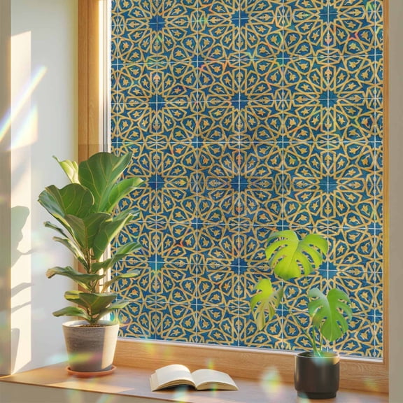 Abstract Floral Window Privacy Film, Vintage Golden Moroccan Circle Geometric Art Stained Glass Rainbow Film Decorative Window Clings, Static Cling Sun Blocking Stickers 29.5" x 118"