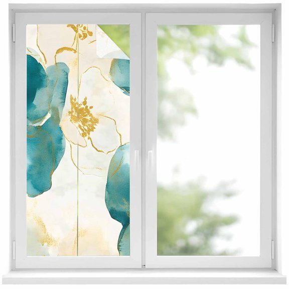 Abstract Floral Window Privacy Film White Green Flower Gold Line Retro Petals Decorative Glass Window Film UV Blocking Static Cling Non-Adhesive Sticker Covering for Home Door 19.6 x 39.3 inches